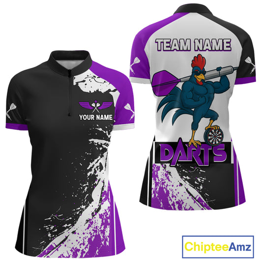 Purple Fiery Rooster Fury Dart Arrow Women Funny Darts Quarter- Zip Shirt Custom Name Darts Jersey NYN2112
