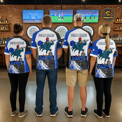 Blue Fiery Rooster Fury Dart Arrow Men Funny Darts Polo Shirt Custom Name Darts Jersey NYN2113