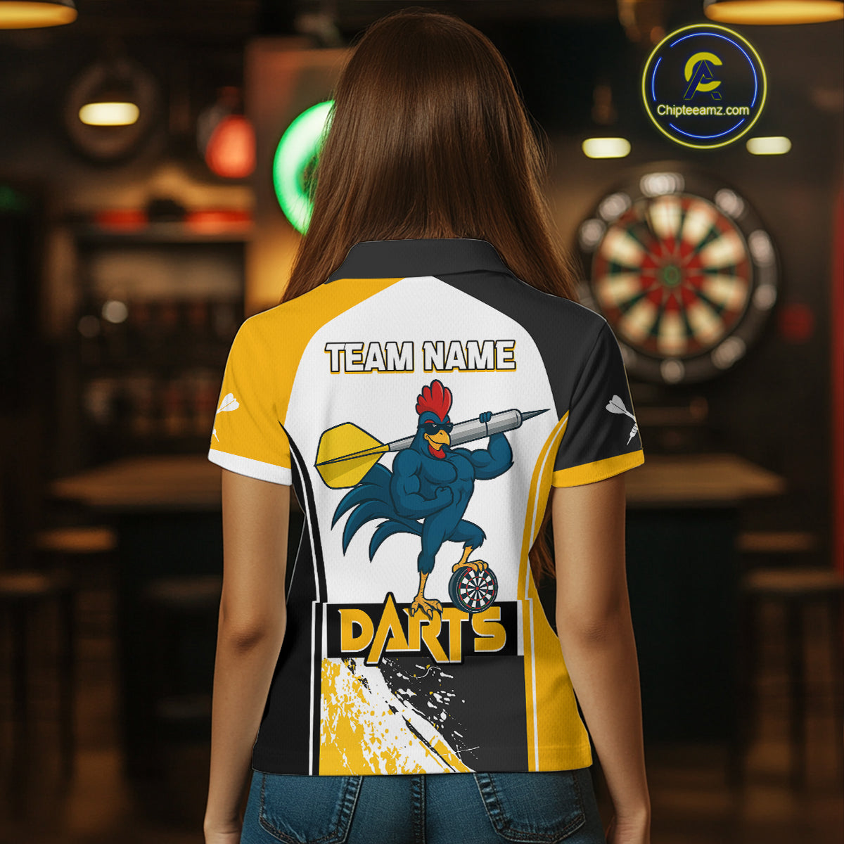 Yellow Fiery Rooster Fury Dart Arrow Women Funny Darts Polo Shirt Custom Name Darts Jersey NYN2114