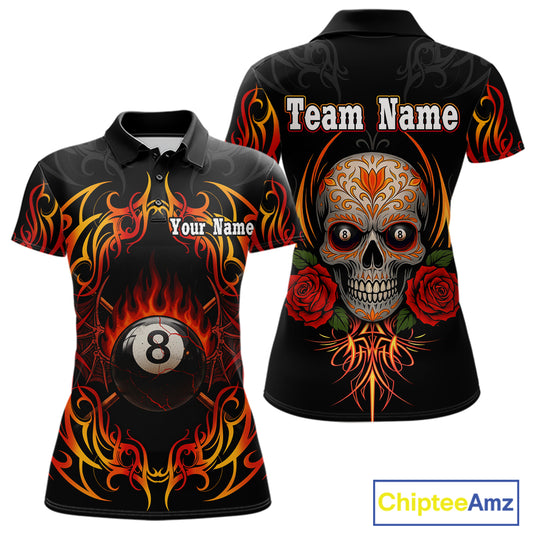 Skull Tribal Ball Pool Women Billiard Polo & 1/4-Zip Shirts Custom Flame 8 Ball Billiard Attire NYN2389