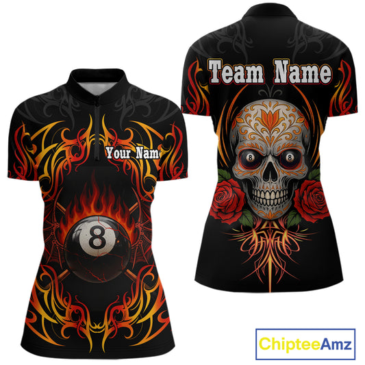 Skull Tribal Ball Pool Women Billiard Polo & 1/4-Zip Shirts Custom Flame 8 Ball Billiard Attire NYN2389