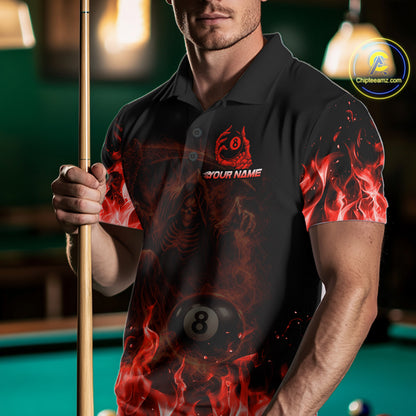 Custom Red Flaming Grim Reaper 8 Ball Billiard Pool Shirts For Men Bowling Polo & 1/4-Zip Jersey NYN2775