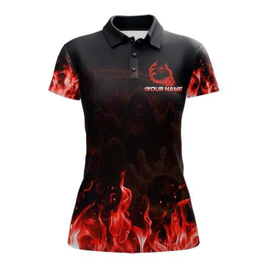 Personalized Red Flaming Grim Reaper Bowling Team Shirts For Women Bowling Polo & 1/4-Zip Jersey NYN2776