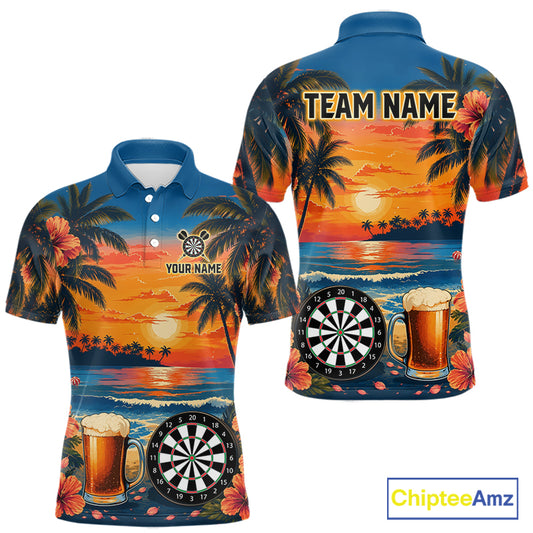 Funny Beer & Dartboard men's darts polo with tropical sunset artwork, custom dart team jersey, bar league shirt, pub tournament apparel, steel tip darts uniform, personalized athletic polo, championship sportswear