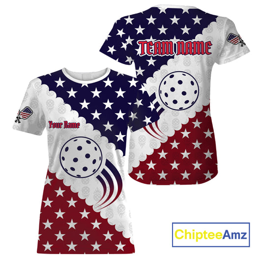Custom Red Blue US Flag Pickleball T-Shirt For Women Patriotic Pickleball Jerseys NYN1604