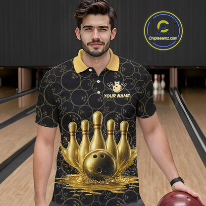 Splatter Gold Dripping Bowling And Pins Jerseys For Men Custom Bowling Ball Shirt Team Attire NYN3180