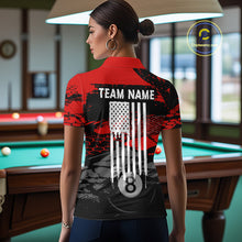 Load image into Gallery viewer, Female model wearing Grunge Black &amp; Red women's billiard polo, personalized USA pool jersey, patriotic tournament apparel, custom cue sports performance clothing