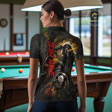 Load image into Gallery viewer, Female model wearing Grim Reaper women's billiard polo, personalized skeleton tournament jersey, custom gothic billiards apparel, championship performance sportswear