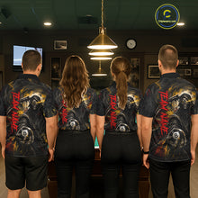Load image into Gallery viewer, Coordinated Grim Reaper billiard team jerseys for men and women, gothic 8 Ball tournament uniforms, biker lifestyle cue sports apparel, personalized championship pool team clothing, matching league jerseys