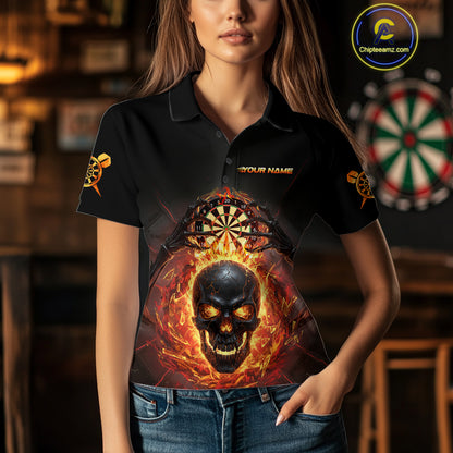 Custom Red Flames Skull Broken Glass Women Darts Polo Shirt Outfits Dart Jerseys NYN1902