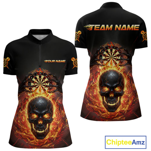 Custom Red Flames Skull Broken Glass Women's Darts Quarter-Zip Shirt Outfits Dart Jerseys NYN1902