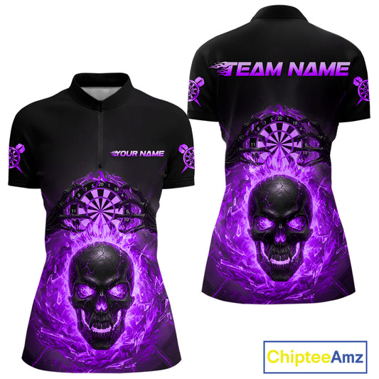 Custom Purple Flames Skull Broken Glass Women Darts Quarter-Zip Shirt Outfits Dart Jerseys NYN1904