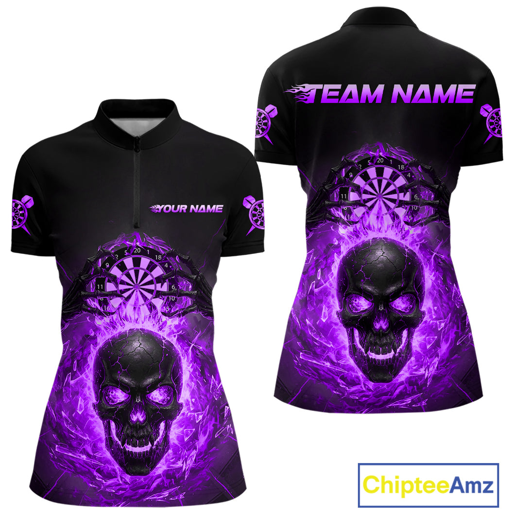 Custom Purple Flames Skull Broken Glass Women Darts Quarter-Zip Shirt Outfits Dart Jerseys NYN1904