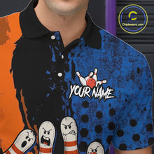 Load image into Gallery viewer, Custom Grunge Orange And Blue Angry Men Bowling Ball &amp; Pins Shirts Funny Bowling Team Outfits NYN3185