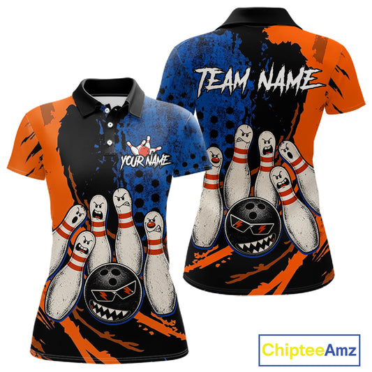 Custom Grunge Orange And Blue Angry Women Bowling Ball & Pins Shirts Funny Bowling Team Outfits NYN3185