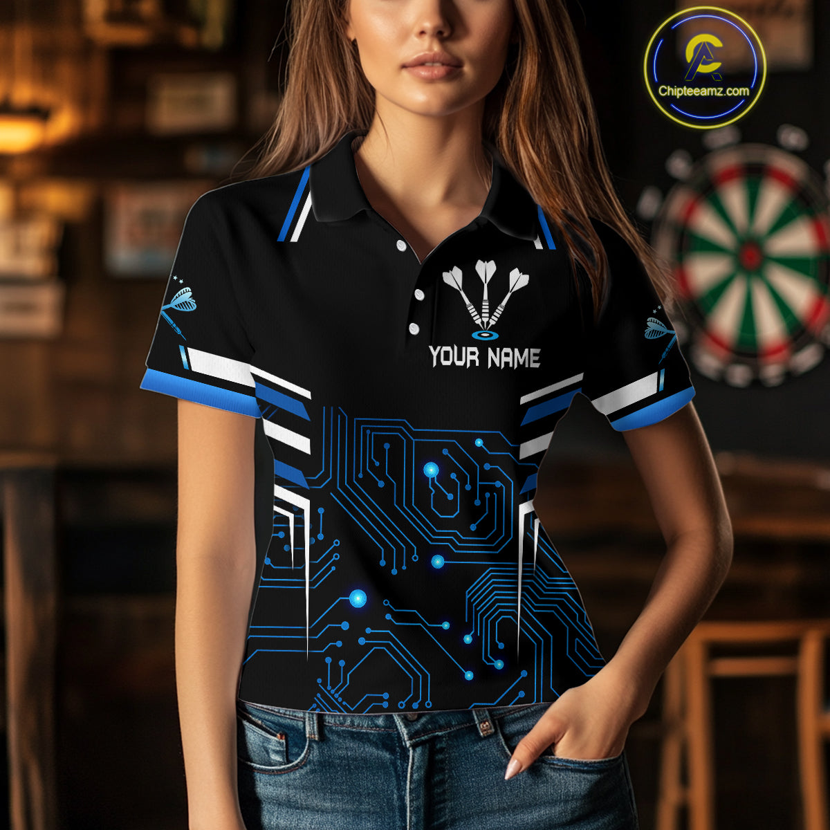 Futuristic Darts Team Shirt For Women - Skull Head & Neuro Tech Style | Custom Name NYN0482
