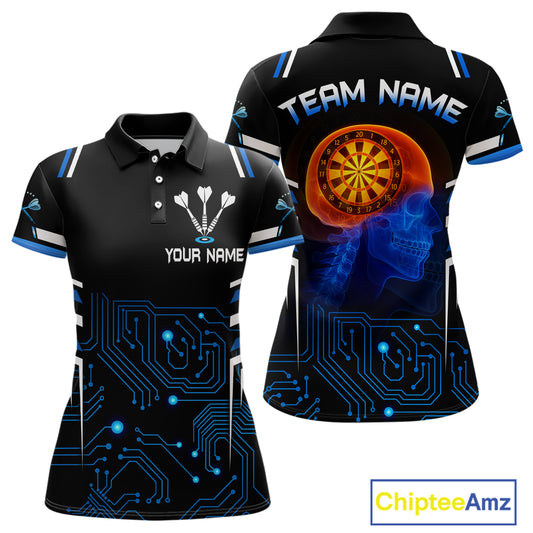 Futuristic Darts Team Shirt For Women - Skull Head & Neuro Tech Style | Custom Name NYN0482
