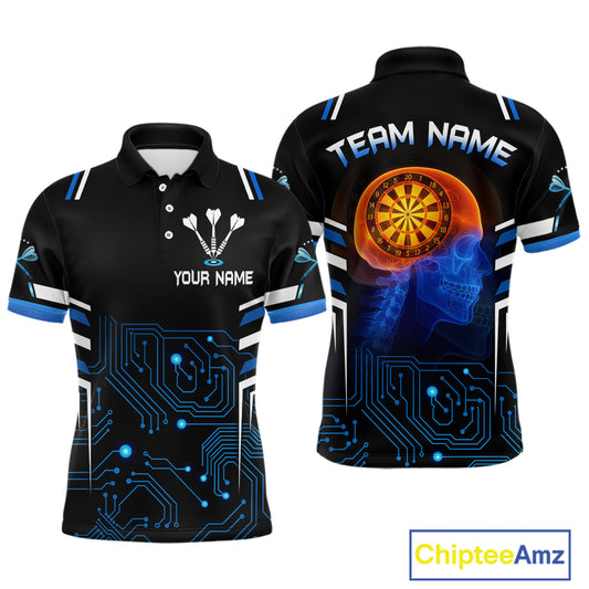 Futuristic Darts Team Shirt For Men - Skull Head & Neuro Tech Style | Custom Name NYN0482