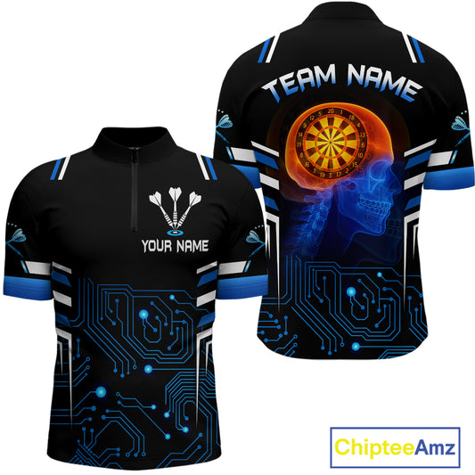 Futuristic Darts Team Shirt For Men - Skull Head & Neuro Tech Style | Custom Name NYN0482
