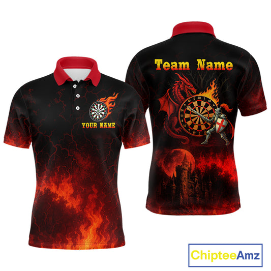 Medieval Power Darts Team Shirt For Men - Flaming Dartboard & Castle | Custom Name NYN0485