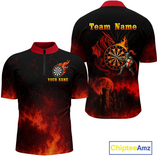 Medieval Power Darts Team Shirt For Men - Flaming Dartboard & Castle | Custom Name NYN0485