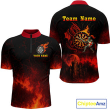 Load image into Gallery viewer, Medieval Power Darts Team Shirt For Men - Flaming Dartboard &amp; Castle | Custom Name NYN0485