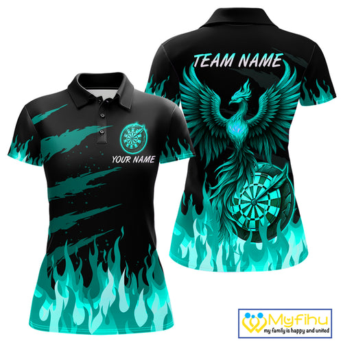 Custom Turquoise Flames Phoenix Dartboard Dart Polo Jersey For Women Dart Tournament Team Shirts NYN0982