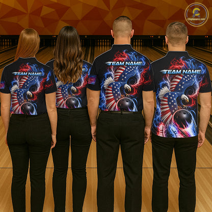 Custom Thunder Bowling Shirt For Women USA Flag Flame Eagle Bowling Polo Quarter-Zip Shirt NYN4009