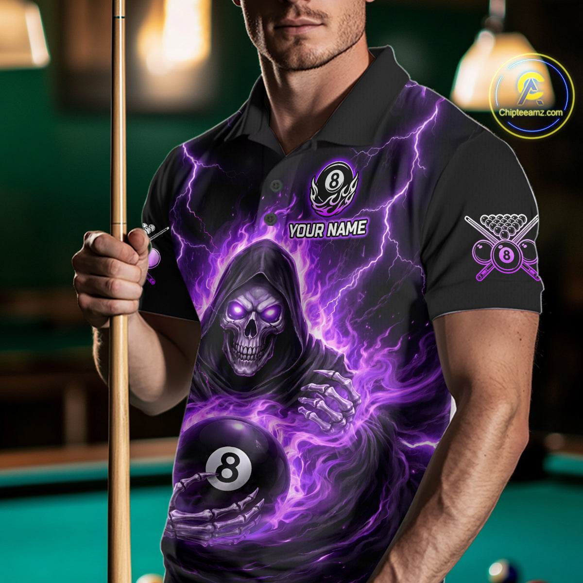 Fire Flame Grim Reaper Holding 8 Ball Pool Men Polo & 1/4-Zip Shirt Personalized Billiard Gifts NYN2434