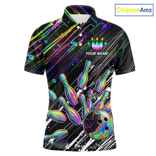 Holographic Strike Bowling Ball & Pins Jersey For Men Custom Splatter Paint Bowling Team Shirts NYN3200
