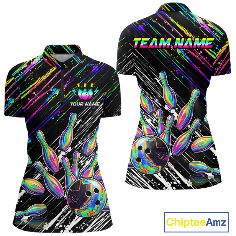 Holographic Strike Bowling Ball & Pins Jersey For Women Custom Splatter Paint Bowling Team Shirts NYN3200