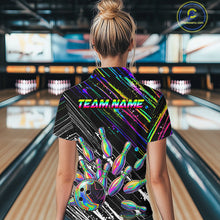Load image into Gallery viewer, Holographic Strike Bowling Ball &amp; Pins Jersey For Women Custom Splatter Paint Bowling Team Shirts NYN3200