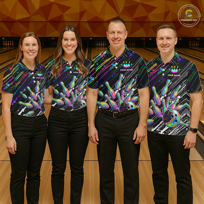 Holographic Strike Bowling Ball & Pins Jersey For Men Custom Splatter Paint Bowling Team Shirts NYN3200