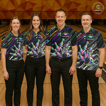Load image into Gallery viewer, Holographic Strike Bowling Ball &amp; Pins Jersey For Women Custom Splatter Paint Bowling Team Shirts NYN3200