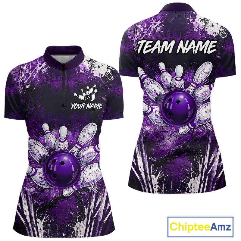 Women's white purple splatter bowling ball quarter zip bowling shirt mockup