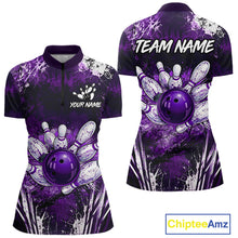 Load image into Gallery viewer, Women's white purple splatter bowling ball quarter zip bowling shirt mockup
