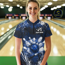 Load image into Gallery viewer, Woman wearing white blue splatter bowling ball shirt custom bowling apparel
