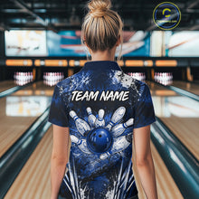Load image into Gallery viewer, Woman wearing white blue splatter bowling ball shirt custom bowling apparel