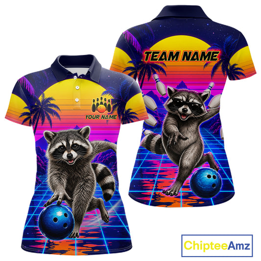 Funny raccoon bowling polo shirt for women custom bowling team jersey mockup