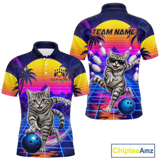 Funny cat bowling polo shirt for men personalized bowling jersey mockup