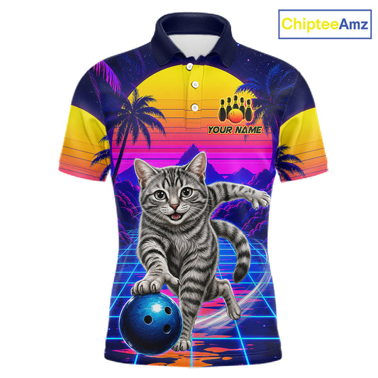 Funny cat bowling polo shirt for men personalized bowling jersey mockup