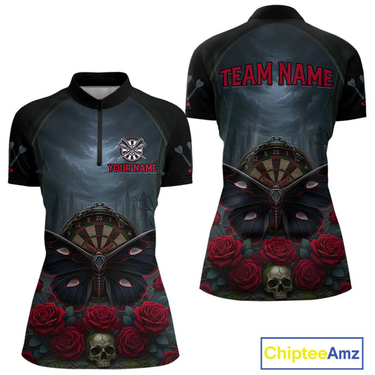 Red Butterfly Roses Dartboard Skull Custom Women Darts Quarter-Zip Shirt Gothic Dart Jerseys NYN1911