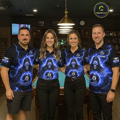 Blue Flames Grim Reaper Holding 8 Ball Pool Men Polo & 1/4-Zip Shirt Personalized Billiard Gifts NYN2661