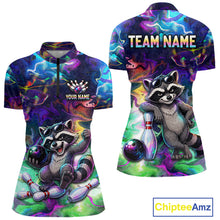Load image into Gallery viewer, Funny Raccoon Neon Colorful Bowling Polo Quarter-Zip Shirt For Women Custom Bowling Tournament Jersey NYN3747