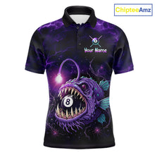 Load image into Gallery viewer, Custom Name Anglerfish men's billiard polo featuring Purple Thunder artwork, personalized 8 Ball billiard jersey, custom cue sports tournament apparel, APA pool league performance shirt, breathable athletic team uniform inspired by deep-sea predators