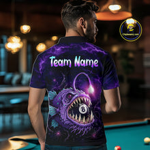 Load image into Gallery viewer, Male model wearing Purple Thunder Anglerfish pool jersey featuring custom name, fierce anglerfish artwork, cue sports championship apparel, lightweight tournament performance clothing inspired by ocean predators