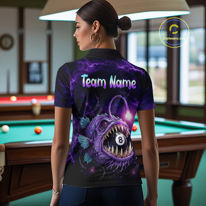 Female model wearing Purple Thunder Anglerfish billiard polo featuring personalized 8 Ball tournament jersey, professional cue sports apparel, deep-sea fantasy artwork, athletic performance clothing for APA, BCA and VNEA competitions