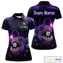 Load image into Gallery viewer, Custom Name Anglerfish women's billiard polo featuring Purple Thunder lightning, fierce deep-sea anglerfish, personalized 8 Ball pool tournament jersey, APA BCA VNEA cue sports apparel, moisture-wicking athletic polo, custom billiard league uniform, ocean wildlife performance shirt