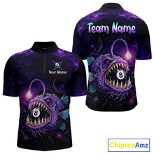 Load image into Gallery viewer, Custom Name Anglerfish men's quarter-zip billiard jersey featuring fierce anglerfish graphics and purple lightning, personalized cue sports tournament apparel, custom pool league athletic performance shirt