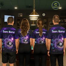 Load image into Gallery viewer, Men and women wearing matching Purple Thunder Anglerfish billiard jerseys for APA, BCA and VNEA tournaments, personalized cue sports uniforms featuring deep-sea predator symbolism representing resilience, courage, determination and focus, appealing to fishing enthusiasts, marine wildlife lovers, fantasy fans, gamers and outdoor adventure communities